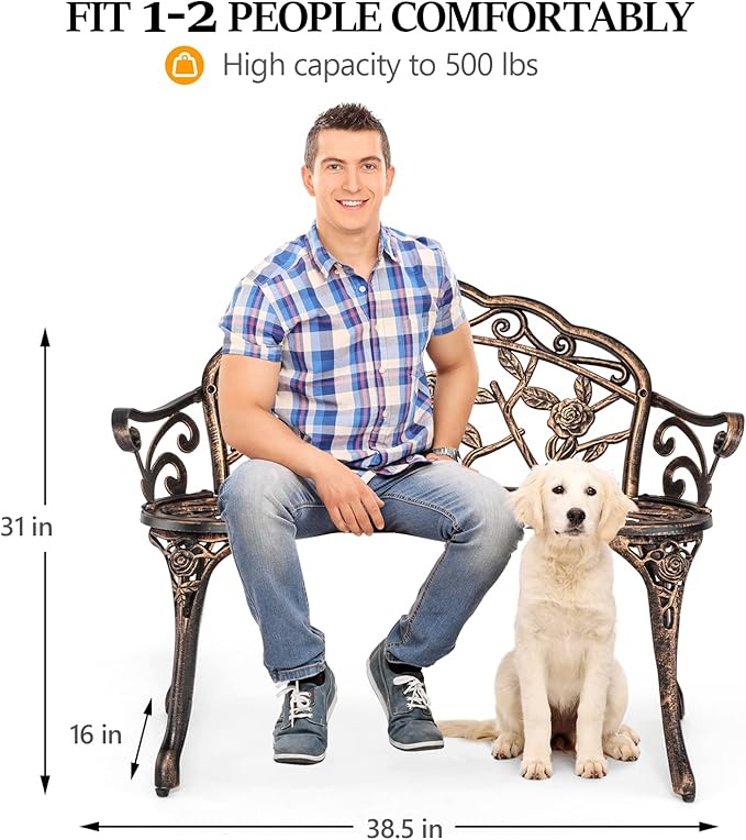VINGLI 38.5" Patio Park Garden Outdoor Metal Rose Bench,Cast Iron Cast Aluminium Frame Antique Finish Chair,Accented Lawn Front Porch Path Yard Decor Deck Furniture for 2 Person Seat（Bronze