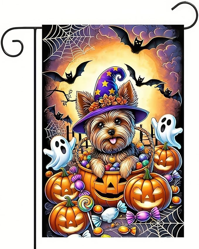 Halloween Garden Flag Double Sided 12x18 Flag Dog Ghosts Pumpkins Halloween Flag Yorkie Dog Witch Hat With Pumpkins Ghosts Bats Outdoor Halloween Decoration And Yard Lawn Banner