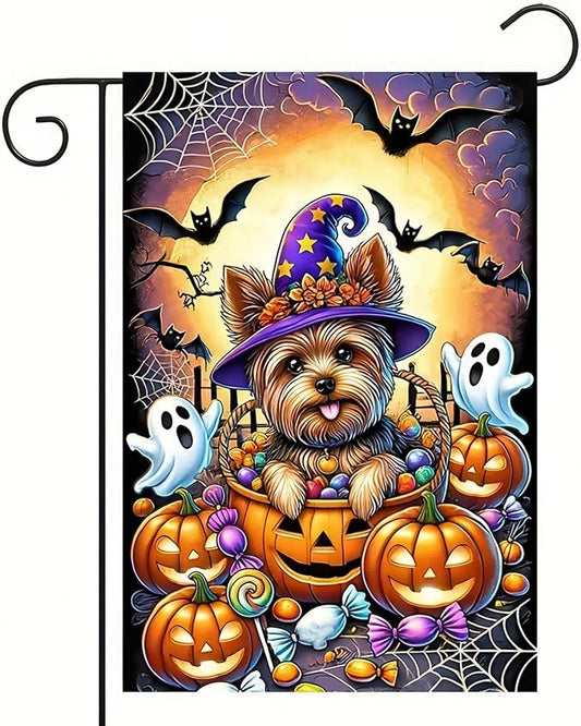 Halloween Garden Flag Double Sided 12x18 Flag Dog Ghosts Pumpkins Halloween Flag Yorkie Dog Witch Hat With Pumpkins Ghosts Bats Outdoor Halloween Decoration And Yard Lawn Banner