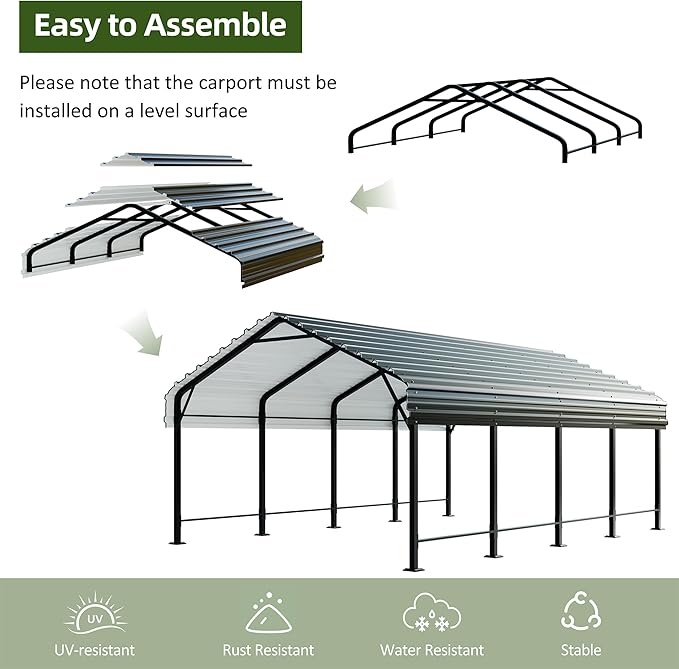 JAMFLY Carport, 12X15 FT Metal Carport, Heavy Duty Carport Canopy with Galvanized Steel Roof and Frame, Metal Car Garage Upgraded Extra Large Garage for Pickup, Boat, Car and Tractors