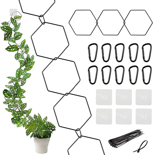 15 Ft Chain Trellis for Climbing Plants Indoor, 36 Packs Hexagon DIY Wall Trellis, Pothos Plant Climber Support, DIY Lengths Plant Support Stakes with Connect-Hooks, Ties, Hooks, Black