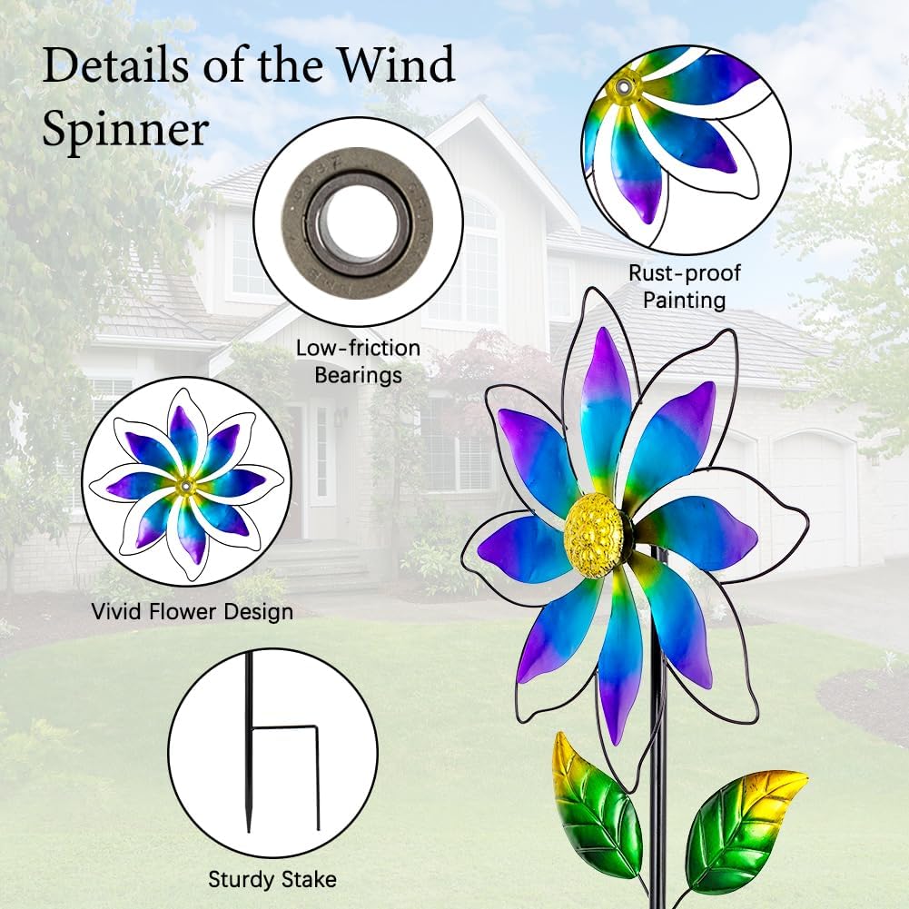 14'' Wind Spinners Outdoor, Flower Kinetic Wind Sculpture & Spinners, Metal Wind Spinners for Yard Garden Patio Decor (Purple)