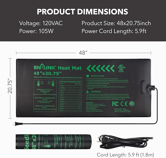 BN-LINK Seedling Heat Mat Warm Hydroponic Heating Pad Waterproof 48" x 20.75" for Seed Starting Greenhouse and Germination