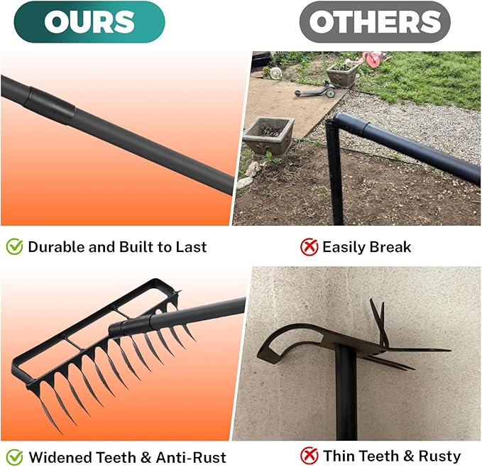 Stirrup Hoe with 76.8" Adjustable Long Handle Hula Hoe Weed Puller Heavy Duty Garden Hoe with 12 Tines Rake 2-in-1 Gardening Tool for Loosening Soil, Gathering Leaves, Weeding