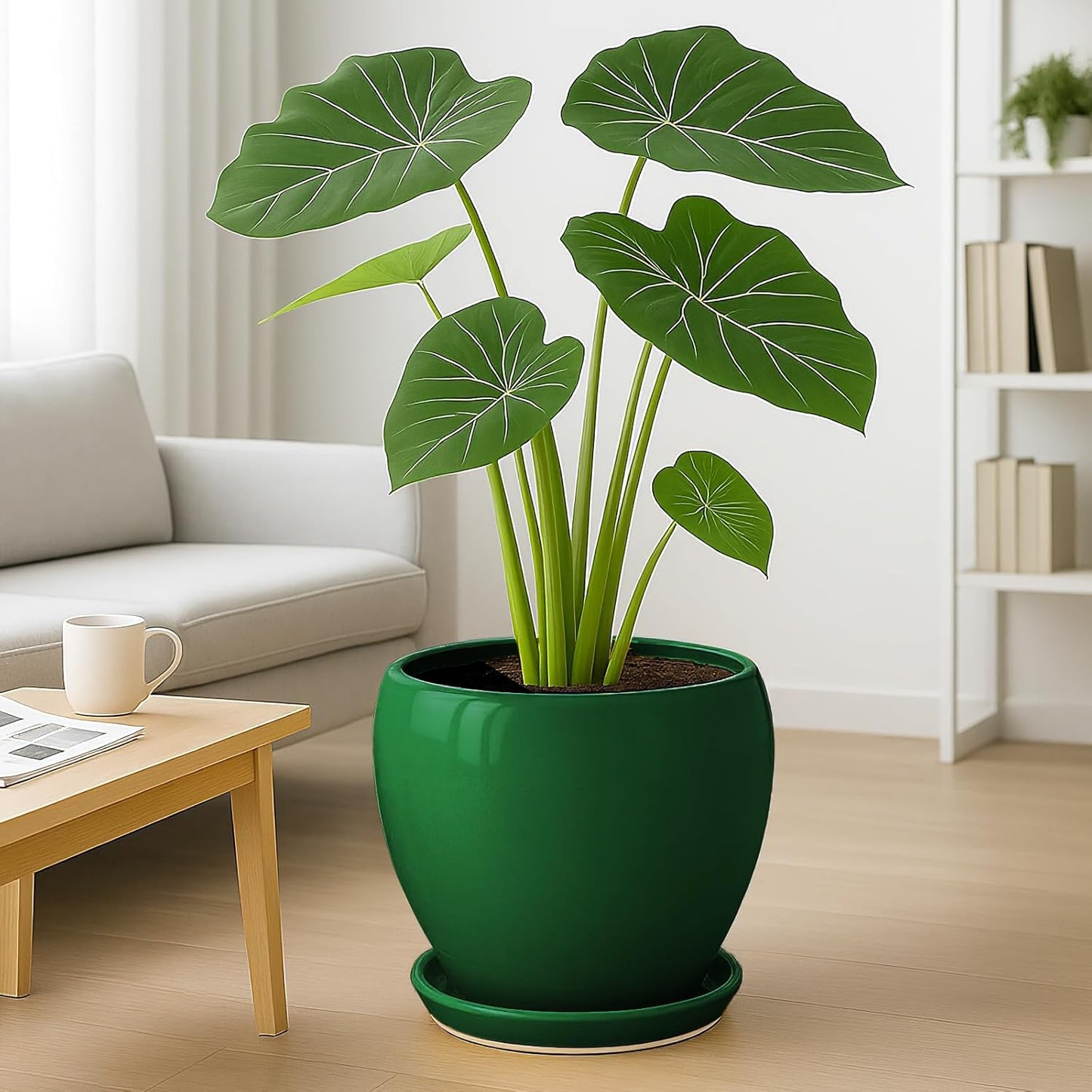 Deep Dream 10 Inch Plant Pot- Ceramic Planter Pot Round Plant Pots for Indoor Plants Outdoor Large Flower Pot with Drainage Holes & Trays, Green