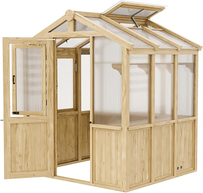 EAGLE PEAK 6.7x6x7.7 ft Wood and Polycarbonate Walk-in Greenhouse, Cedar Hobby Green House with Roof Vent, Natural