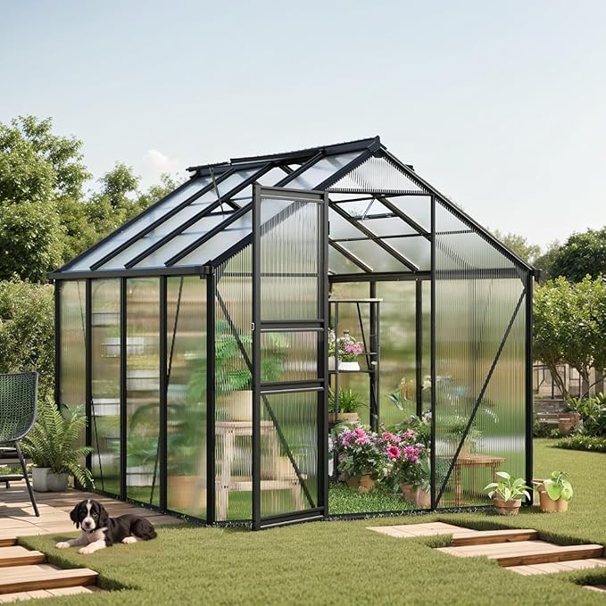 Greenhouse, 6×8FT Greenhouses for Outside, Polycarbonate Greenhouse with Aluminum Frame, Lockable Door and Ajustable Roof Vent for Backyard, Green Houses for Outside Garden Backyard, Patio