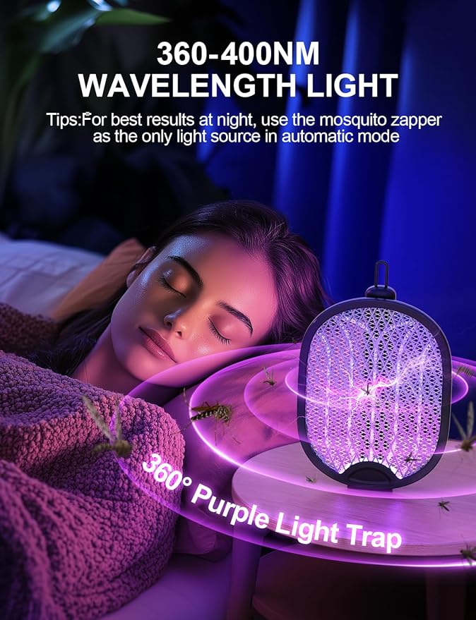 Electric Fly Swatter Foldable Bug Zapper Racket with 4000V 1800mAh Rechargeable Battery 5-Layer Safety Mesh Dual Modes with Mosquito Light Suitable for Indoor or Outdoor Use(Black)