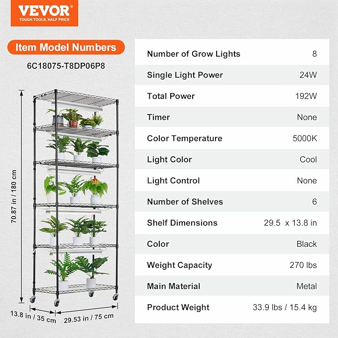 VEVOR DIY Plant Stand with Grow Light, 6-Tier Large Tall Plant Shelf with 192W 5000K Full Spectrum Grow Lights, Indoor Grow Light Shelf with Wheels for Seed Starting 29.5" L x 13.8" W x 70.9" H