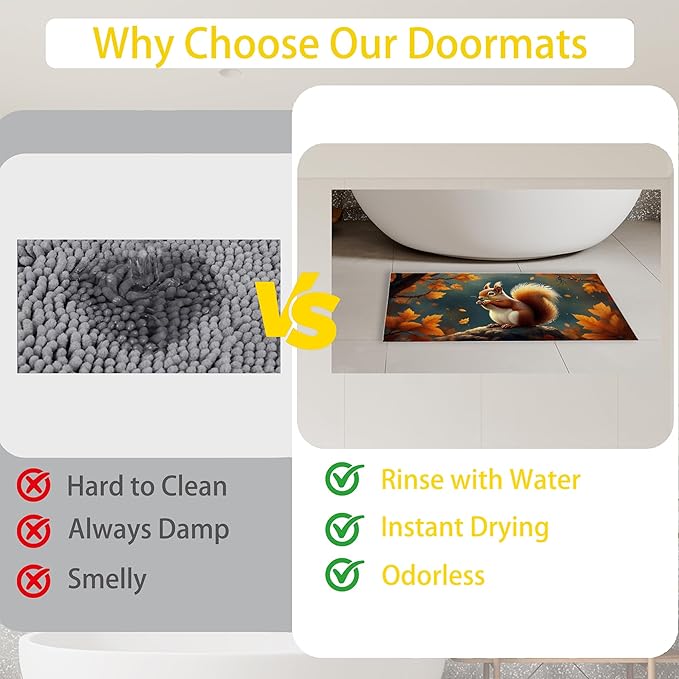 Door Mat,Cute Squirrel Welcome Mat Indoor,Fall Maple Leaf Non-Slip Outdoor Entry Mat for Home Entryway, Low Profile Floor Rugs for Entry Patio, Porch, Hallways 30 x 17 Inch