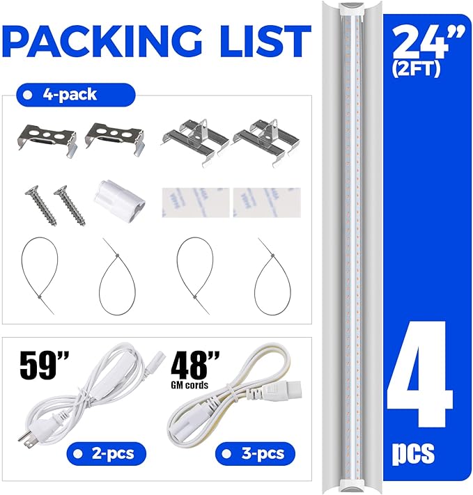 Barrina Grow Light, 96W(4 x 24W, 600W Equivalent), 2ft T8, Super Bright, Full Spectrum Sunlight Plant Light, LED Grow Light Strips, Grow Light Bulbs for Indoor Plants, 4-Pack