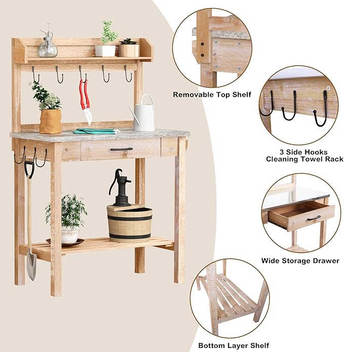 Outdoor Potting Bench Table with Metal Tabletop, Planting Table Potting Work Station with Storage Drawer and Removable Shelf Rack, Garden Potting Table for Outdoors