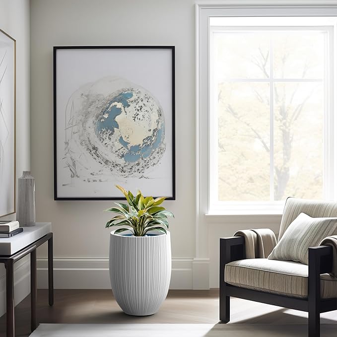 Kante Round Fluted Concrete Planter, 16.9-Inch Dia Barrel-Style Pot with Drainage Hole, White Finish with Aqua Blue Interior, 13.7" Opening, for Indoor and Outdoor Use