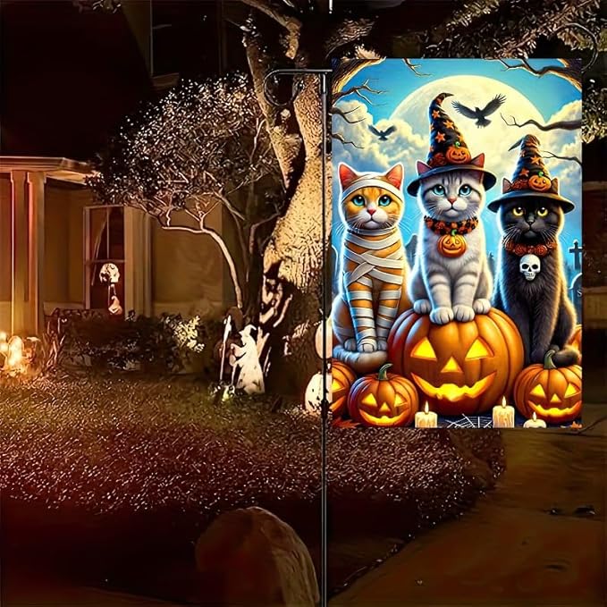 Halloween Garden Flag 12x18 Inch Double Sided Happy Halloween Cat Pumpkin Garden Flags Outdoor Seasonal Holiday Banner Outside Decorations Yard Flag