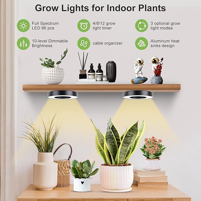 Grow Light for Indoor Plants, 96 LEDs Full Spectrum Halo Plant Light with Auto On/Off Timer (4/8/12H), 10-Level Dimmable, 3 Lighting Modes for Small Plants, Succulents (Black, Dual Head)