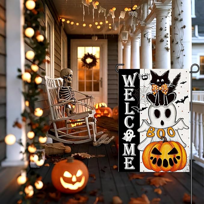 Halloween Welcome Garden Flags for Outside 12x18 Inch Double Sided Burlap, Black Cat Spooky Ghost Pumpkin Sign Small Flag Farmhouse Holiday Yard Lawn Outdoor Decorations DF868