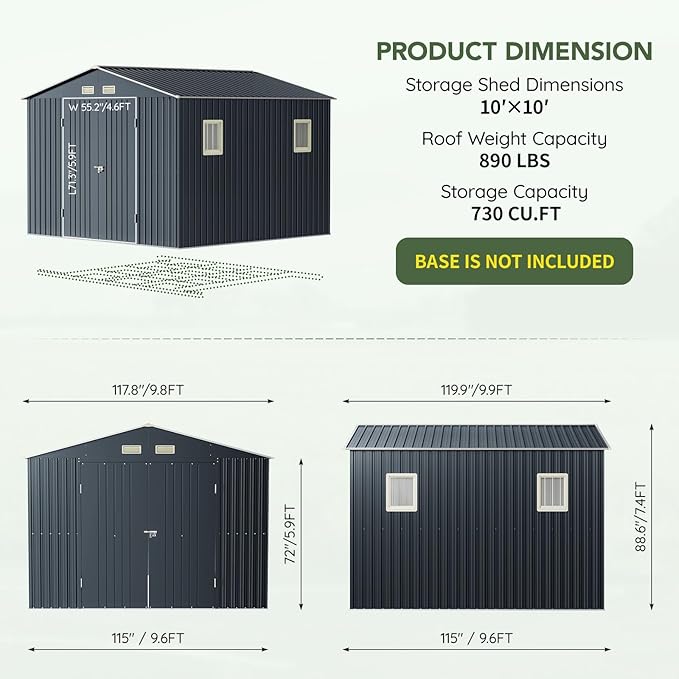 10x10 FT Outdoor Metal Storage Shed, Double Swing Doors, 2 Clear Windows,Tool Shed for Garden, Patio, Backyard