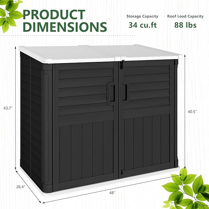 Greesum Outdoor Resin Storage Shed, 34 Cu.ft Horizontal Outdoor Storage Box Waterproof for Garden, Pool Storage, Garbage Cans, Black