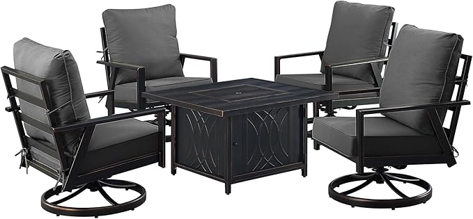 Oakland Living Black Aluminum Patio Fire Table Set with Four Club Chairs with Black Cushions
