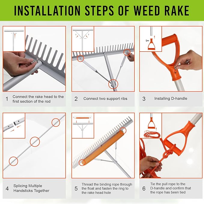 Floating Weed Lake Rake, 36 Inch Widths Pond Rake Aquatic Weed Rake, 133 Inch Extensible Multifunctional Folding Weeding Rakes, Aluminum Landscape Rakes with 49.2 FT Rope