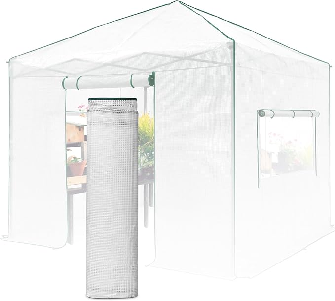 EAGLE PEAK Replacement Cover for 10x10 Portable Walk-in Pop up Greenhouse, Front Roll-Up Zipper Entry Door and 2 Large Roll-Up Side Windows (Frame Not Included), White