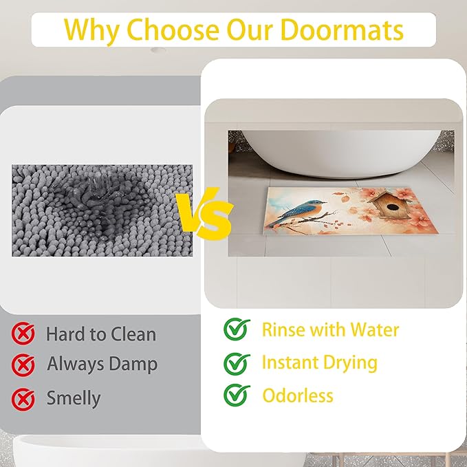 Watercolor Blue Bird Indoor Outdoor Rugs,Spring Flowers Doormat Outside Entrance,Non-Slip Welcome Mat Indoor Felt Floor Mat for Back Door Patio, Porch,Home Entryway,30 x 17 Inch