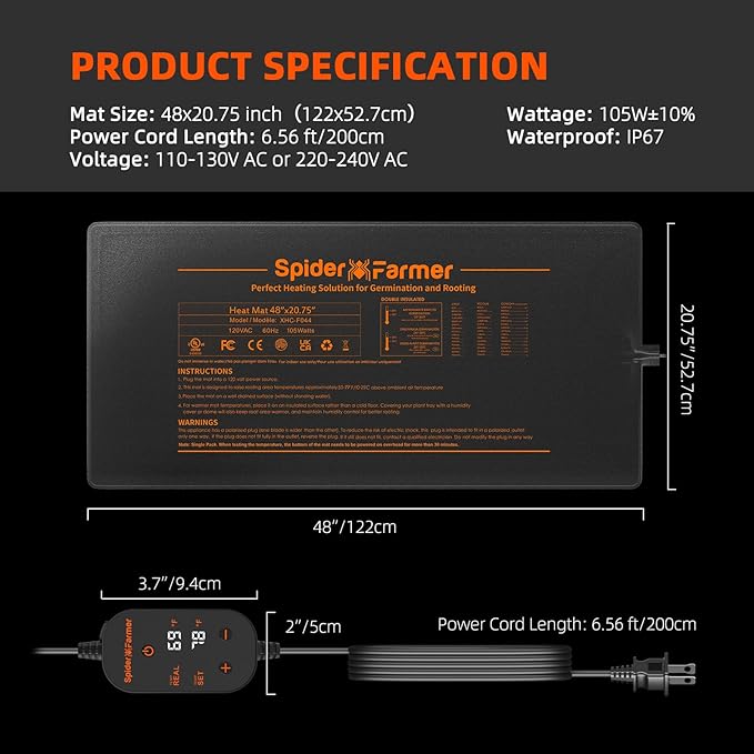 Spider Farmer Seedling Heat Mat 48"x20.75" Waterproof Plant Heating Pad with Built-in Temperature Controller for Indoor Seed Starting Germination Hydroponics Cutting Clone