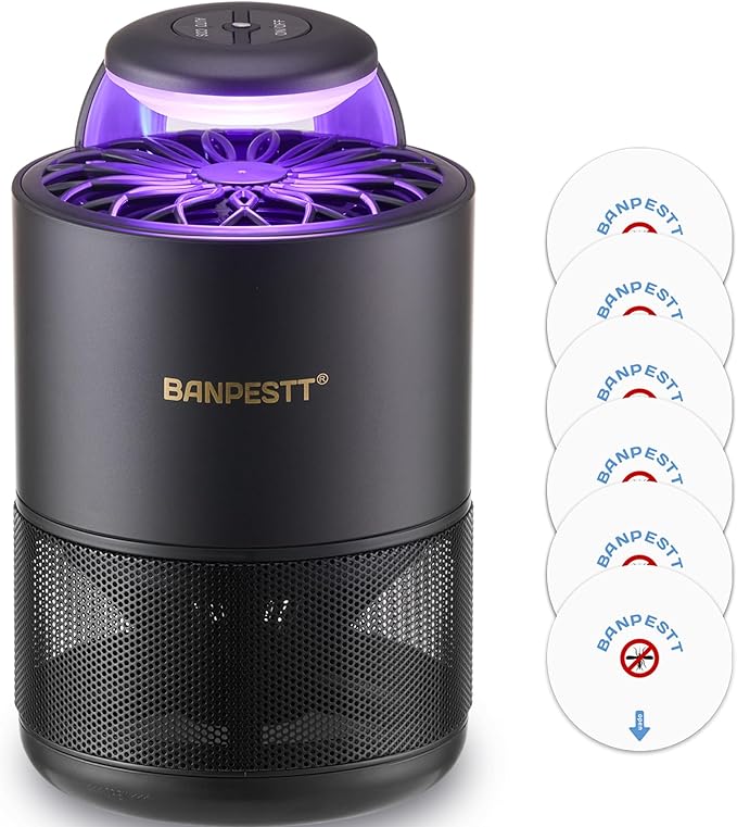 BANPESTT Indoor Insect Trap-Catcher & Killer with Suction for Mosquitos, Gnats, Moths, Fruit Flies, Dusk-to-Dawn Sensor, Bug Light & 6 Sticky Glue Boards (Black)