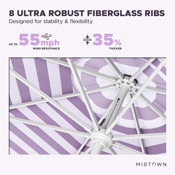 Midtown Umbrellas The Swilt 10 Feet Patio Umbrella in Terylast Midtown Stripes Purple/White Polyester Fabric - Fiberglass Ribs, Auto-Tilt Aluminum Frame For Backyard, Deck, Garden, Pool - White Pole