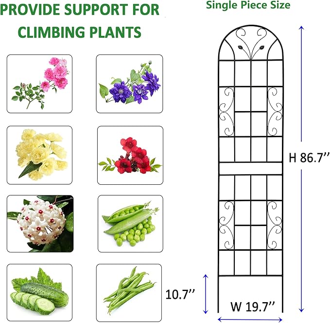 6 Pack Metal Garden Trellis 86.7" Tall Outdoor Climbing Plant Support for Roses, Flowers, Rustproof Durable Black Galvanized Tube, Lawn Garden Fence Decor Screen, 86.7" H