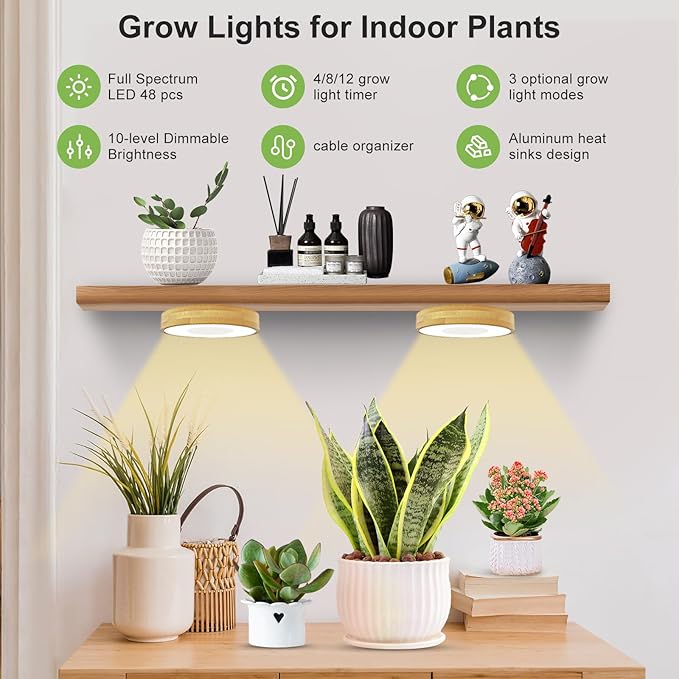 Grow Light for Indoor Plants, 96 LEDs Full Spectrum Halo Plant Light with Auto On/Off Timer (4/8/12H), 10-Level Dimmable, 3 Lighting Modes for Small Plants, Bamboo (3.6 inch Dual Head)