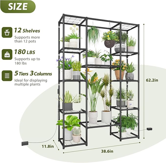 Plant Stand with Grow Lights Large Plant Shelf Indoor Plant Cabinet Hanging Plant Rack Metal Plant Holder for Multiple Plants for Living Room Patio Balcony Garden Black