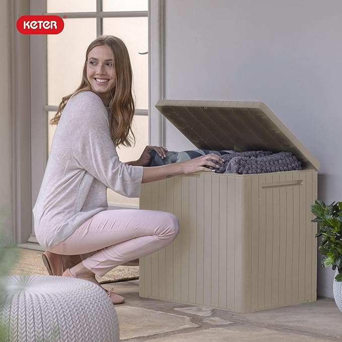 Keter City 30 Gallon Resin Outdoor Storage Box and Patio Furniture Side Table for Pool and Garden Accessories, Beige