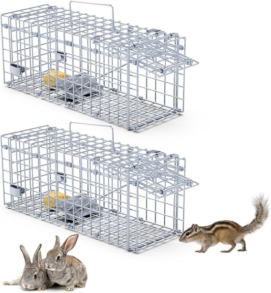 2 Pack Humane Rat Trap, Foldable Single Door Metal Mouse Cage with 2 L-Shaped Rods for Small Squirrel Raccoon Feral and Other Small Live Animals, Easy to Catch and Release, Work for Indoor Outdoor