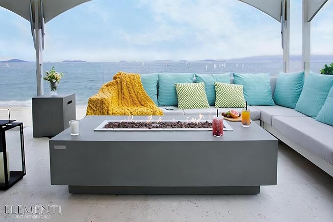 Elementi Granville Gas Fire Pit Cast Concrete Fire Table, Outdoor Fire Pit Electronic Ignition | Canvas Cover, Lava Rock Included | Free AMS Wind Guard | Light Gray (Natural Gas)
