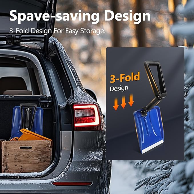 SHANTRA Folding Snow Shovel with Aluminum Edge, D-Grip Portable Shovel for Snow Removal, Lightweight Emergency Snow Shovel, Multifunctional Collapsible Shovel, Shovel For Car Driveway, Garden, Camping
