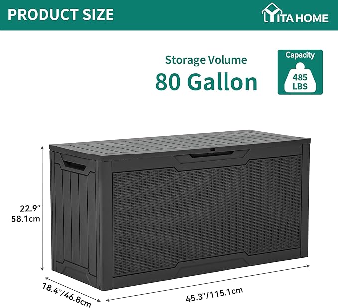YITAHOME 80 Gallon Outdoor Storage Box, Large Water Resistant Resin Deck Box, Indoor Outdoor Lockable Rattan Storage Container for Patio, Garden, Cushions, Tools, Equipment (Dark Gray)