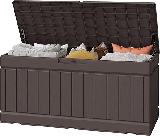 Greesum 82 Gallon Resin Deck Box Large Outdoor Storage for Patio Furniture, Garden Tools, Pool Supplies, Weatherproof and UV Resistant, Lockable, Dark Brown