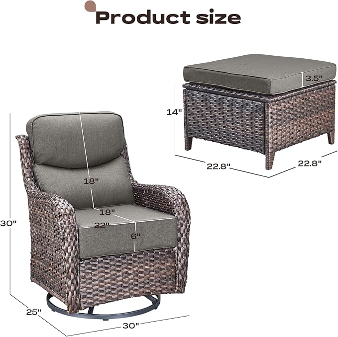 Wicker Outdoor Patio Furniture Set - 4 Piece Patio Conversation Set with Swivel Rocker Chairs and Ottomans, 6 inch Cushions, High Back, Deep Seating, for Porch Deck Garden Brown/Grey