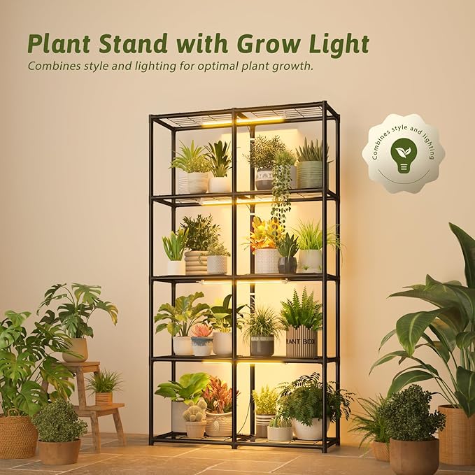 Plant Stand With Grow Lights Plant Stand Indoor Plant Shelf Metal Plant Rack Plant Holder Flower Pot Stand for Multiple Plants for Living Room Patio Balcony Garden Porch Black（5-Tier）