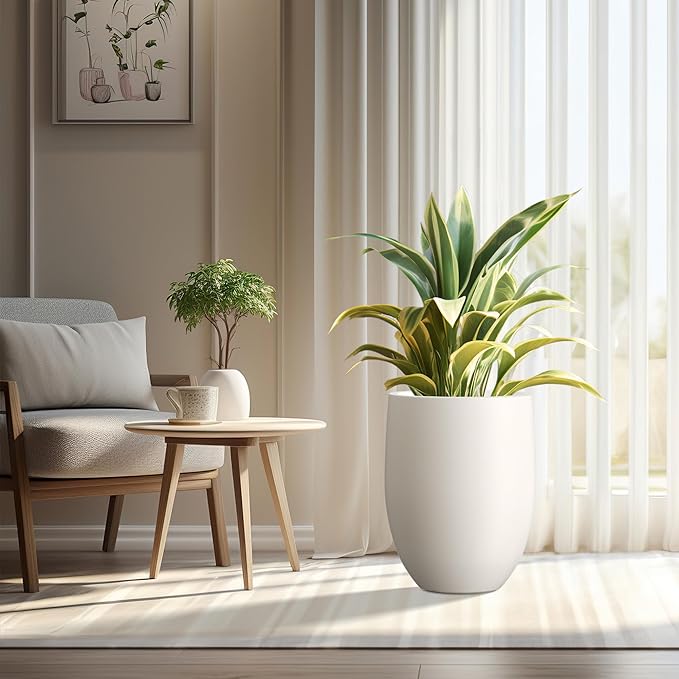 Kante 21.7" H Pure White Concrete Tall Planter, Large Outdoor Indoor Decorative Pot with Drainage Hole and Rubber Plug, Modern Round Style for Home and Patio