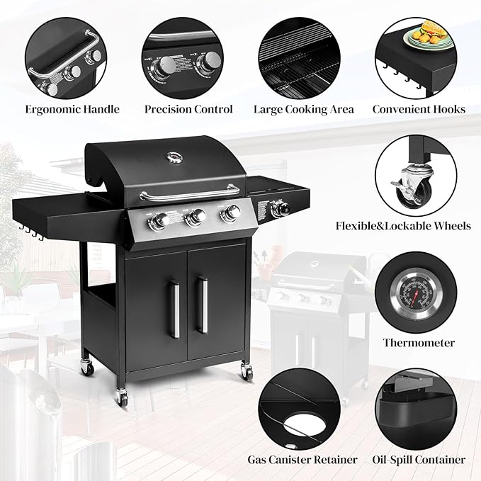 Bonnlo 3 Burner Propane Grills with Side Burner and Porcelain-Enameled Grates, 46000BTU Gas Grill with Side Shelf and Portable Rolling Wheels, Grill for Outdoor Cooking BBQ Patio Backyard