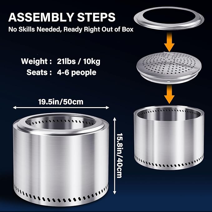 HGD 19.8" Smokeless Fire Pit Outdoor, Stainless Steel Wood Burning Firepit with Secondary Combustion, Backyard Patio Stove for Garden, BBQ & Bonfire