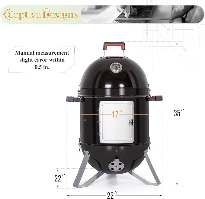 Captiva Designs 18-inch Vertical Charcoal Smoker Grill with Porcelain-Enameled Smoking Chamber, Wood Mountain Smoker for Meat Turkey and BBQ, with Built-in Thermometer