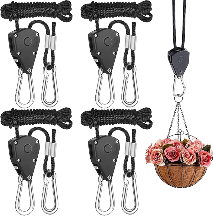 Rope Clip Hanger, 4 Packs 1/8 in Reinforced Adjustable Height Anti-Loose Design Gears Clip for Growing Light Fixtures, Hanging Plants, 8 FT Length 150lbs Weight Capacity