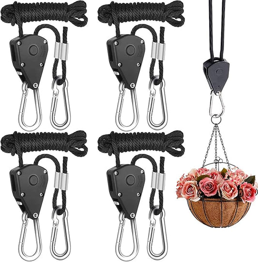 Rope Clip Hanger, 4 Packs 1/8 in Reinforced Adjustable Height Anti-Loose Design Gears Clip for Growing Light Fixtures, Hanging Plants, 8 FT Length 150lbs Weight Capacity