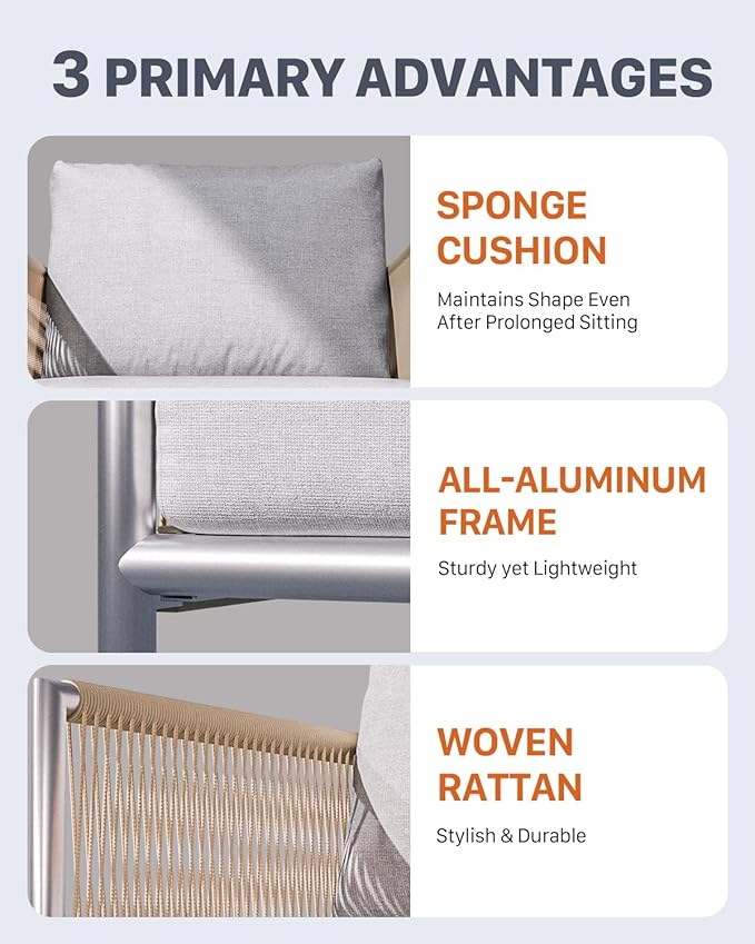 ZANDOR Aluminum Outdoor Patio Furniture 2 Pcs Armchair, All-Weather Metal Modern Outside Furniture with Washable Thick Cushion, HDPE Woven Rope Rattan Bistro Sofa Chair, Garden/Backyard/Porch, Silver