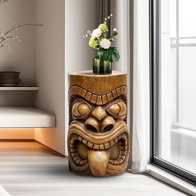 SKYFIRE Outdoor Decorative Sculpture - The Grande Tiki God Kanaloa Teeth Indoor Ornamental Outdoor Table Statues for Garden, Patio, Backyard, Lawn, House, Office Decor -19.6"H Concrete Stool End Table