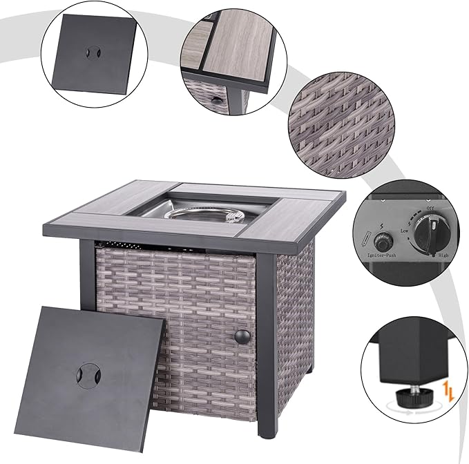 30" Propane Fire Pit Table with Real Ceramic Tabletop & Ratten Side Panel, 50000 BTU Gas Firepit Table with Lid & Glass Rock, Outdoor Fire Pit for Dining or Party, Firepit for Outside, Patio
