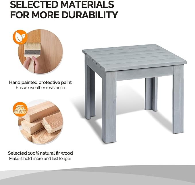 VINGLI Outdoor Adirondack Side Table, 18" Square Thick Wooden Coffee Table, Patio Side Table Conversation End Table for Patio Backyard, Garden, Poolside and Balcony (Grey)